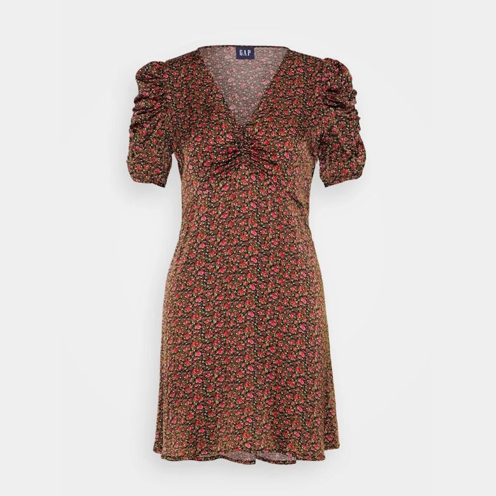 Gap Burgundy Ditsy Floral Print Puff-Sleeve Ruched Mini Dress